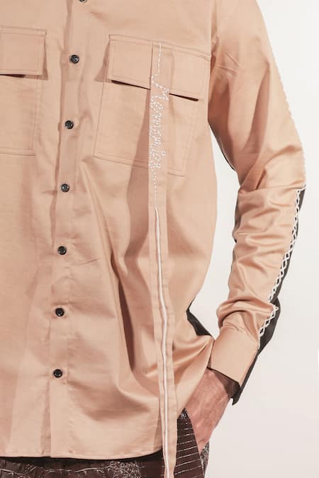 Shop_Jubinav Chadha_Beige Cotton, Lycra Embroidery Colorblock Shirt 