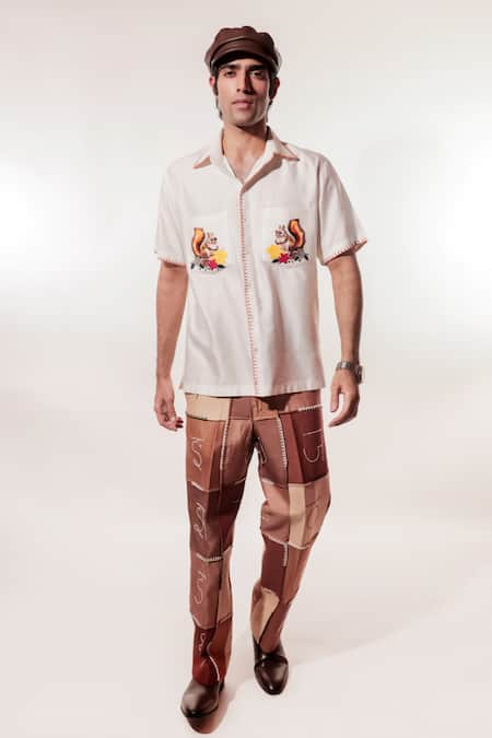 Jubinav Chadha Brown Silk Embroidery, Patchwork Devnagri Kantha Vintage Pant 