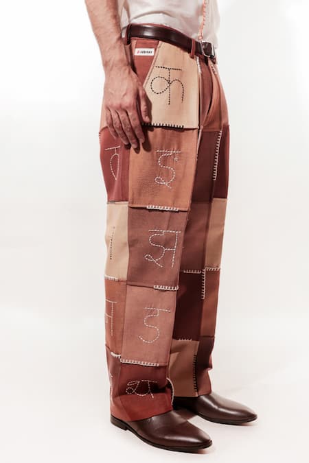 Jubinav Chadha Brown Silk Embroidery, Patchwork Devnagri Kantha Vintage Pant Online at Aza Fashions Jubinav Chadha_Brown Silk Embroidery, Patchwork Devnagri Kantha Vintage Pant _Online_at_Aza_Fashions