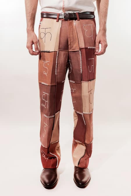 Buy Jubinav Chadha Brown Silk Embroidery, Patchwork Devnagri Kantha Vintage Pant Online at Aza Fashions Buy_Jubinav Chadha_Brown Silk Embroidery, Patchwork Devnagri Kantha Vintage Pant _Online_at_Aza_Fashions