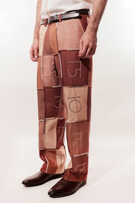 Shop Jubinav Chadha Brown Silk Embroidery, Patchwork Devnagri Kantha Vintage Pant Online at Aza Fashions Shop_Jubinav Chadha_Brown Silk Embroidery, Patchwork Devnagri Kantha Vintage Pant _Online_at_Aza_Fashions