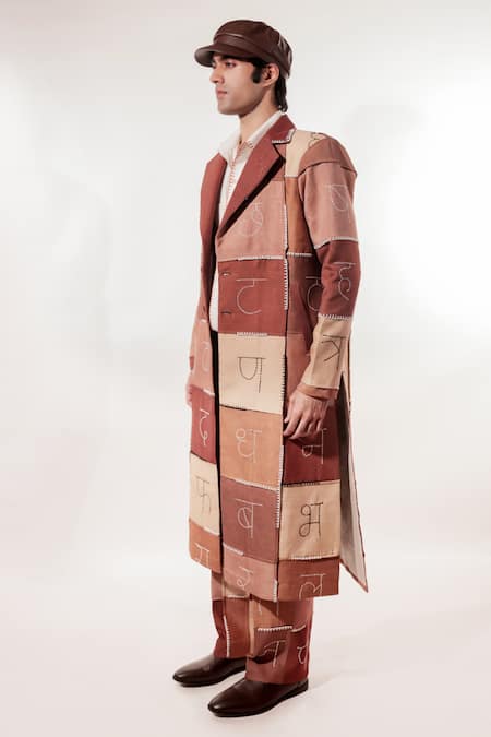 Jubinav Chadha_Brown Silk Embroidery Devnagri Kantha Vintage Trench Coat _Online_at_Aza_Fashions