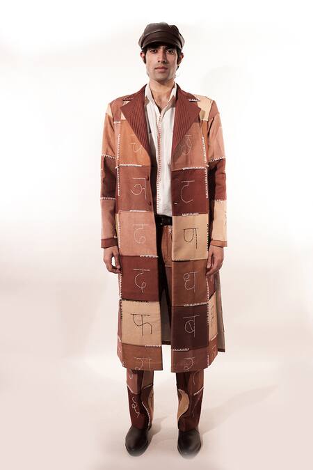 Buy_Jubinav Chadha_Brown Silk Embroidery Devnagri Kantha Vintage Trench Coat _Online_at_Aza_Fashions
