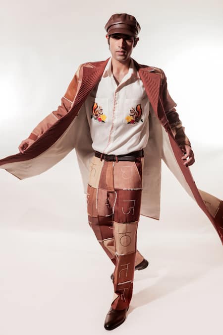 Shop_Jubinav Chadha_Brown Silk Embroidery Devnagri Kantha Vintage Trench Coat _Online_at_Aza_Fashions