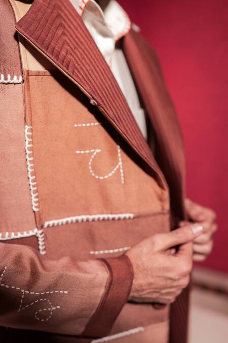 Buy_Jubinav Chadha_Brown Silk Embroidery Devnagri Kantha Vintage Trench Coat 