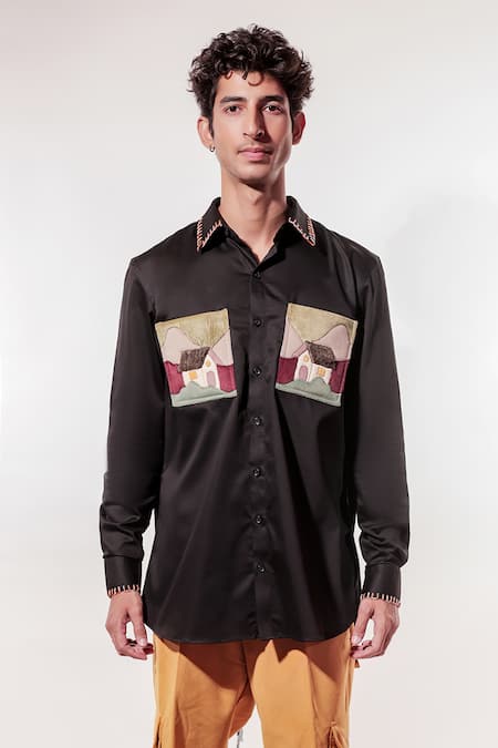 Jubinav Chadha_Black Cotton, Lycra Embroidery Waterfall Patchwork Shirt _Online_at_Aza_Fashions