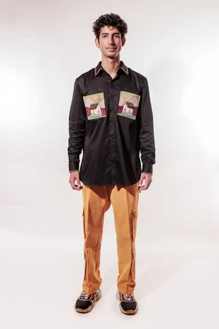 Buy_Jubinav Chadha_Black Cotton, Lycra Embroidery Waterfall Patchwork Shirt _Online_at_Aza_Fashions