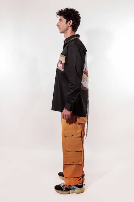 Shop_Jubinav Chadha_Black Cotton, Lycra Embroidery Waterfall Patchwork Shirt _Online_at_Aza_Fashions