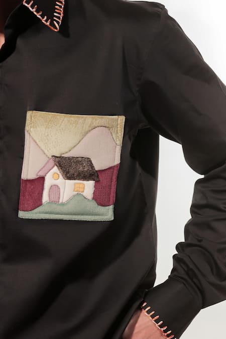 Jubinav Chadha_Black Cotton, Lycra Embroidery Waterfall Patchwork Shirt _at_Aza_Fashions