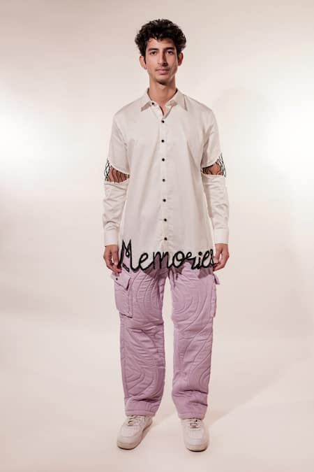 Jubinav Chadha_White Cotton, Lycra Embroidery Memories Shirt _at_Aza_Fashions