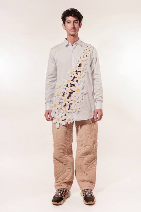 Jubinav Chadha_White Cotton Embroidery 3d Flower Stripe Shirt_Online_at_Aza_Fashions