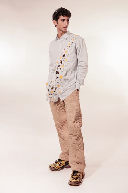 Buy_Jubinav Chadha_White Cotton Embroidery 3d Flower Stripe Shirt_Online_at_Aza_Fashions