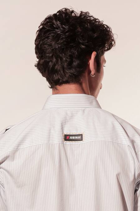 Shop_Jubinav Chadha_White Cotton Embroidery 3d Flower Stripe Shirt_Online_at_Aza_Fashions