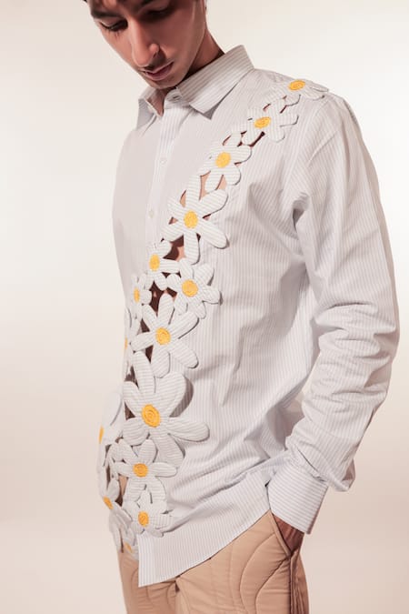 Buy_Jubinav Chadha_White Cotton Embroidery 3d Flower Stripe Shirt