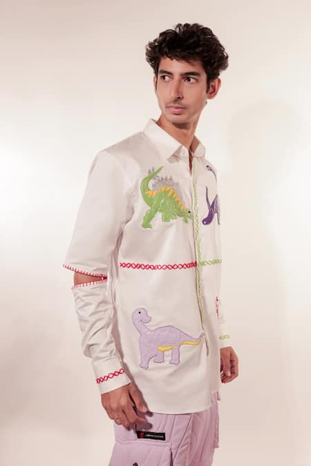 Jubinav Chadha_White Cotton, Lycra Embroidery Dino Quilted Shirt _Online_at_Aza_Fashions