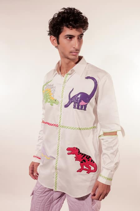 Buy_Jubinav Chadha_White Cotton, Lycra Embroidery Dino Quilted Shirt _Online_at_Aza_Fashions
