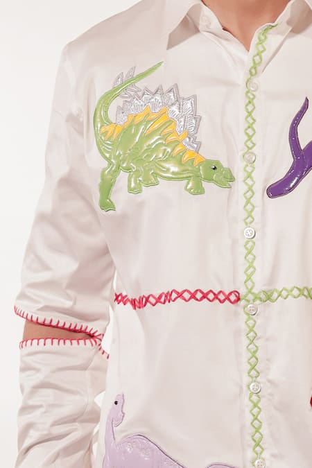 Shop_Jubinav Chadha_White Cotton, Lycra Embroidery Dino Quilted Shirt _Online_at_Aza_Fashions