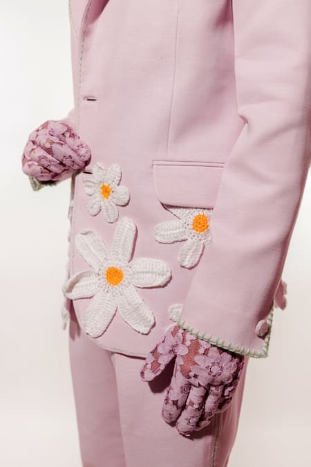 Jubinav Chadha Purple Linen, Tissue Fabric Flowers Crochet Lilac Blazer Set Online at Aza Fashions Jubinav Chadha_Purple Linen, Tissue Fabric Flowers Crochet Lilac Blazer Set _Online_at_Aza_Fashions