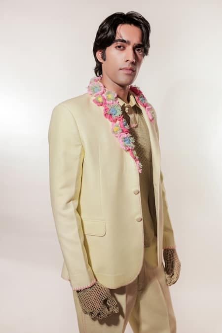 Jubinav Chadha Green Linen, Tissue Fabric Flowers Crochet Garland Embroidered Blazer Set at Aza Fashions Jubinav Chadha_Green Linen, Tissue Fabric Flowers Crochet Garland Embroidered Blazer Set _at_Aza_Fashions