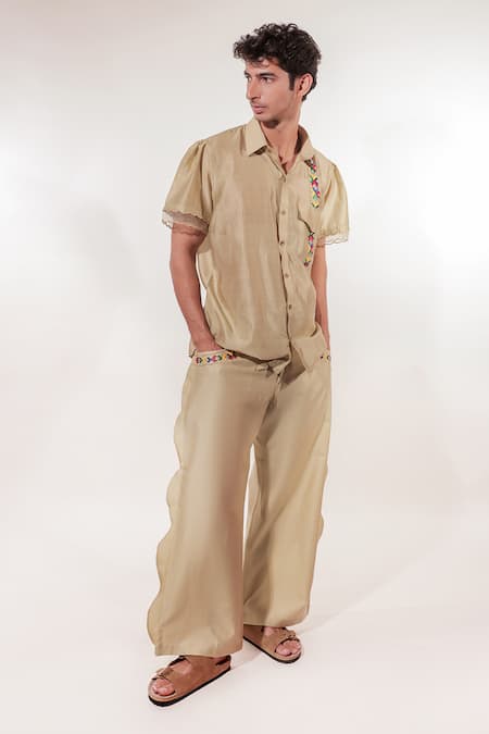 Jubinav Chadha Beige Chanderi Embroidery Phulkari Shirt With Pant