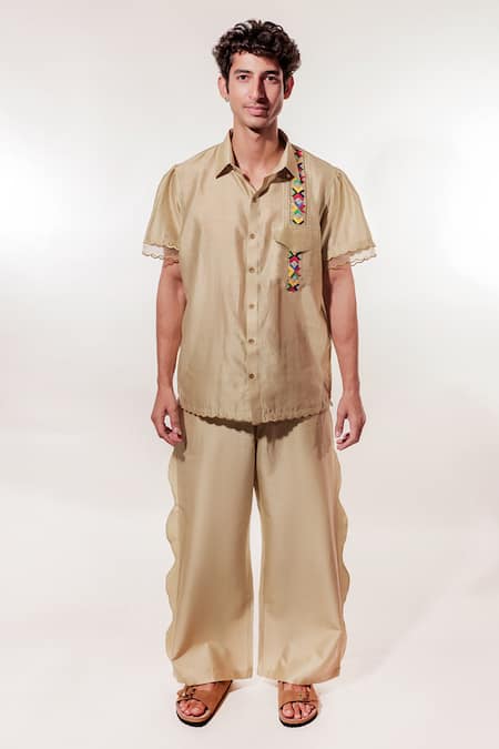 Jubinav Chadha_Beige Chanderi Embroidery Phulkari Shirt With Pant _Online_at_Aza_Fashions