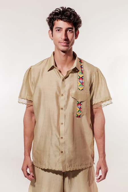 Shop_Jubinav Chadha_Beige Chanderi Embroidery Phulkari Shirt With Pant _Online_at_Aza_Fashions