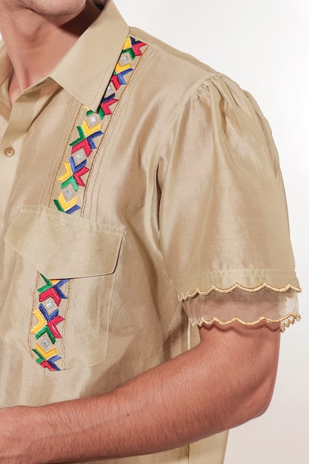Jubinav Chadha_Beige Chanderi Embroidery Phulkari Shirt With Pant _at_Aza_Fashions