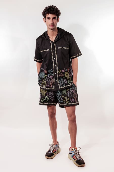 Jubinav Chadha_Black Cotton, Lycra Embroidery Kantha Doodle Hand Shirt And Shorts Set _Online_at_Aza_Fashions