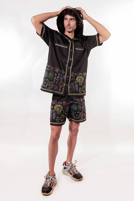 Buy_Jubinav Chadha_Black Cotton, Lycra Embroidery Kantha Doodle Hand Shirt And Shorts Set _Online_at_Aza_Fashions