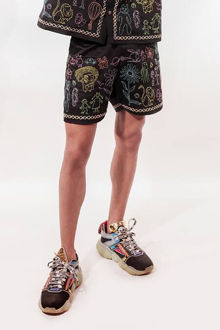 Shop_Jubinav Chadha_Black Cotton, Lycra Embroidery Kantha Doodle Hand Shirt And Shorts Set _Online_at_Aza_Fashions