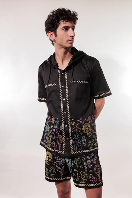 Jubinav Chadha Black Cotton, Lycra Embroidery Kantha Doodle Hand Shirt And Shorts Set 