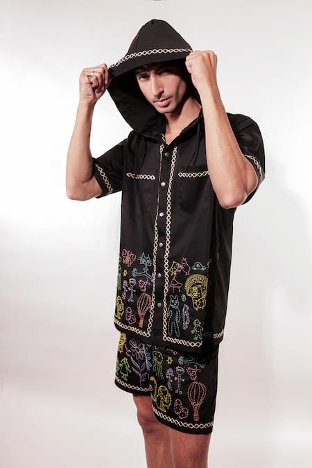 Jubinav Chadha_Black Cotton, Lycra Embroidery Kantha Doodle Hand Shirt And Shorts Set _at_Aza_Fashions