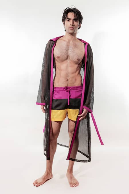 Jubinav Chadha Multi Color Taffeta, Mesh Colorblock Swim Shorts With Cape 