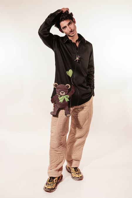 Jubinav Chadha_Black Cotton, Lycra Embroidery 3d Teddy Shirt _Online_at_Aza_Fashions