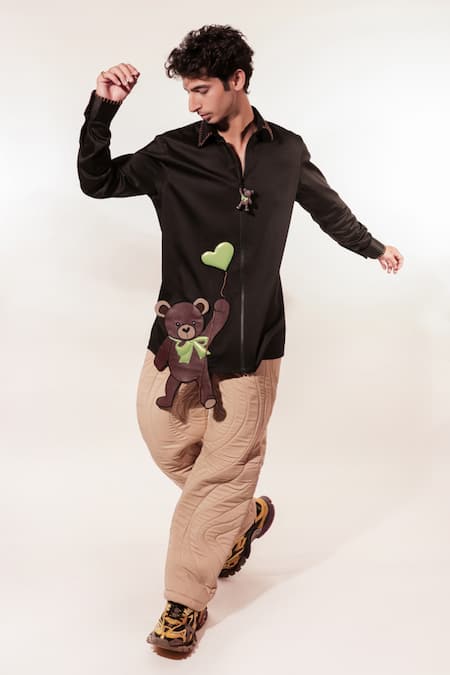 Buy_Jubinav Chadha_Black Cotton, Lycra Embroidery 3d Teddy Shirt _Online_at_Aza_Fashions