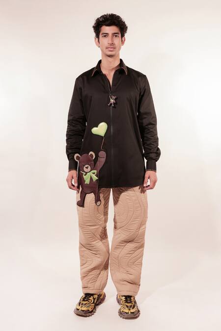 Shop_Jubinav Chadha_Black Cotton, Lycra Embroidery 3d Teddy Shirt _Online_at_Aza_Fashions