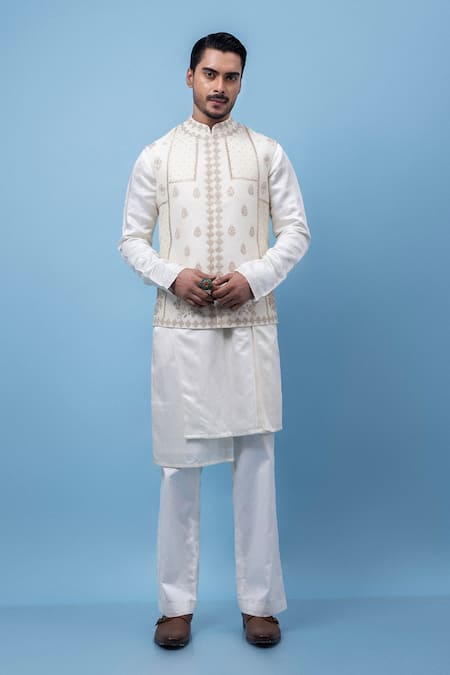 PAARSH Ivory Linen, Satin, Silk Embroidery Cubic Nehru Jacket Kurta Set 
