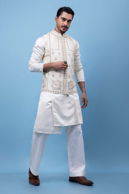 Shop_PAARSH_Ivory Linen, Satin, Silk Embroidery Cubic Nehru Jacket Kurta Set _Online_at_Aza_Fashions