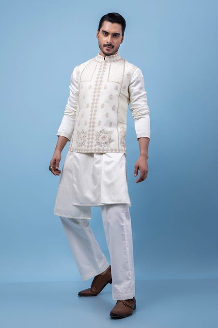 PAARSH_Ivory Linen, Satin, Silk Embroidery Cubic Nehru Jacket Kurta Set _at_Aza_Fashions