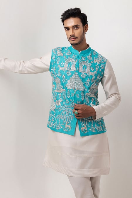 PAARSH Blue Organza, Chanderi Embroidery Silver Seranade Nehru Jacket Kurta Set