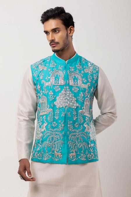PAARSH_Blue Organza, Chanderi Embroidery Silver Seranade Nehru Jacket Kurta Set _Online_at_Aza_Fashions