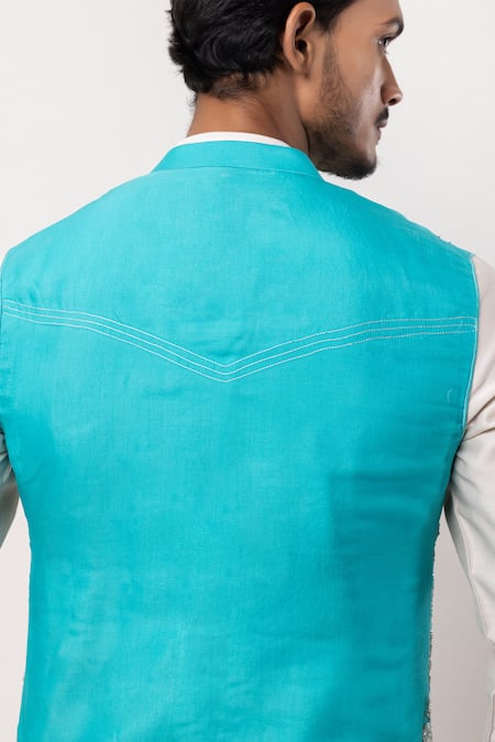 Buy_PAARSH_Blue Organza, Chanderi Embroidery Silver Seranade Nehru Jacket Kurta Set _Online_at_Aza_Fashions