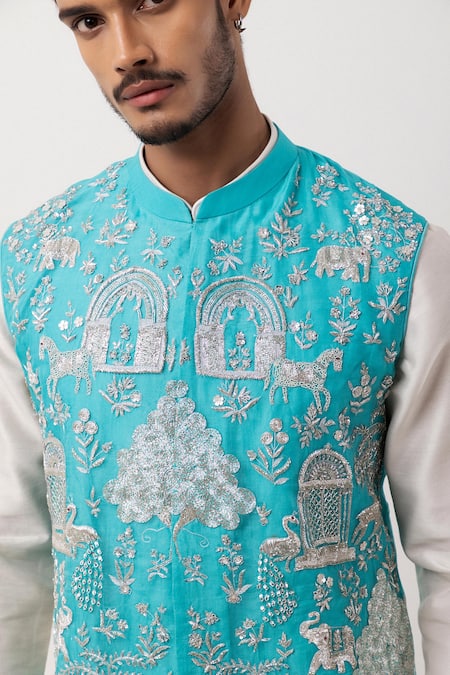 Shop_PAARSH_Blue Organza, Chanderi Embroidery Silver Seranade Nehru Jacket Kurta Set _Online_at_Aza_Fashions
