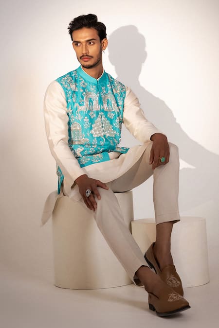 PAARSH_Blue Organza, Chanderi Embroidery Silver Seranade Nehru Jacket Kurta Set _at_Aza_Fashions