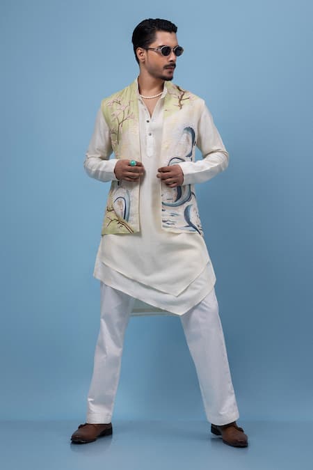 PAARSH_Ivory Silk, Organza Embroidery Cherry Blossom Nehru Jacket Kurta Set _Online_at_Aza_Fashions