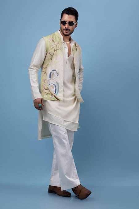 Buy_PAARSH_Ivory Silk, Organza Embroidery Cherry Blossom Nehru Jacket Kurta Set _Online_at_Aza_Fashions