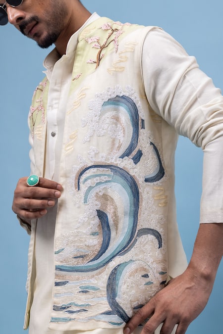 Shop_PAARSH_Ivory Silk, Organza Embroidery Cherry Blossom Nehru Jacket Kurta Set _Online_at_Aza_Fashions