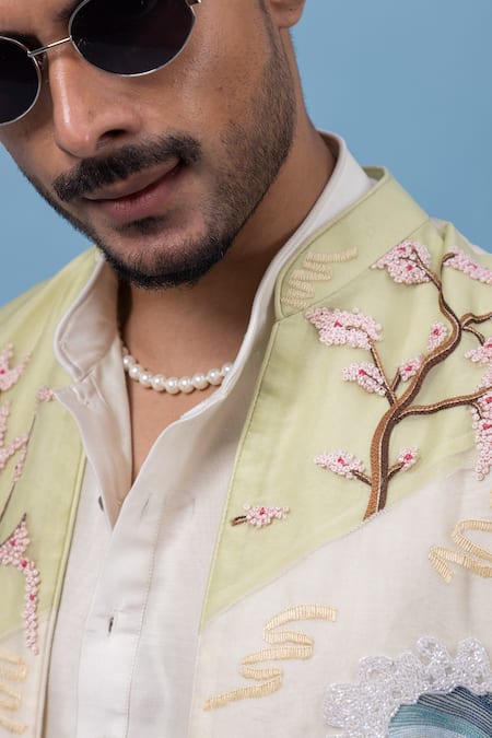 PAARSH_Ivory Silk, Organza Embroidery Cherry Blossom Nehru Jacket Kurta Set _at_Aza_Fashions