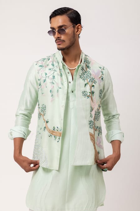 Buy_PAARSH_Blue Organza, Chanderi Embroidery Sky Song Nehru Jacket Set _Online_at_Aza_Fashions