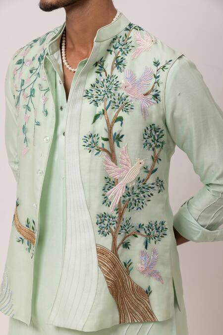 Shop_PAARSH_Blue Organza, Chanderi Embroidery Sky Song Nehru Jacket Set _Online_at_Aza_Fashions